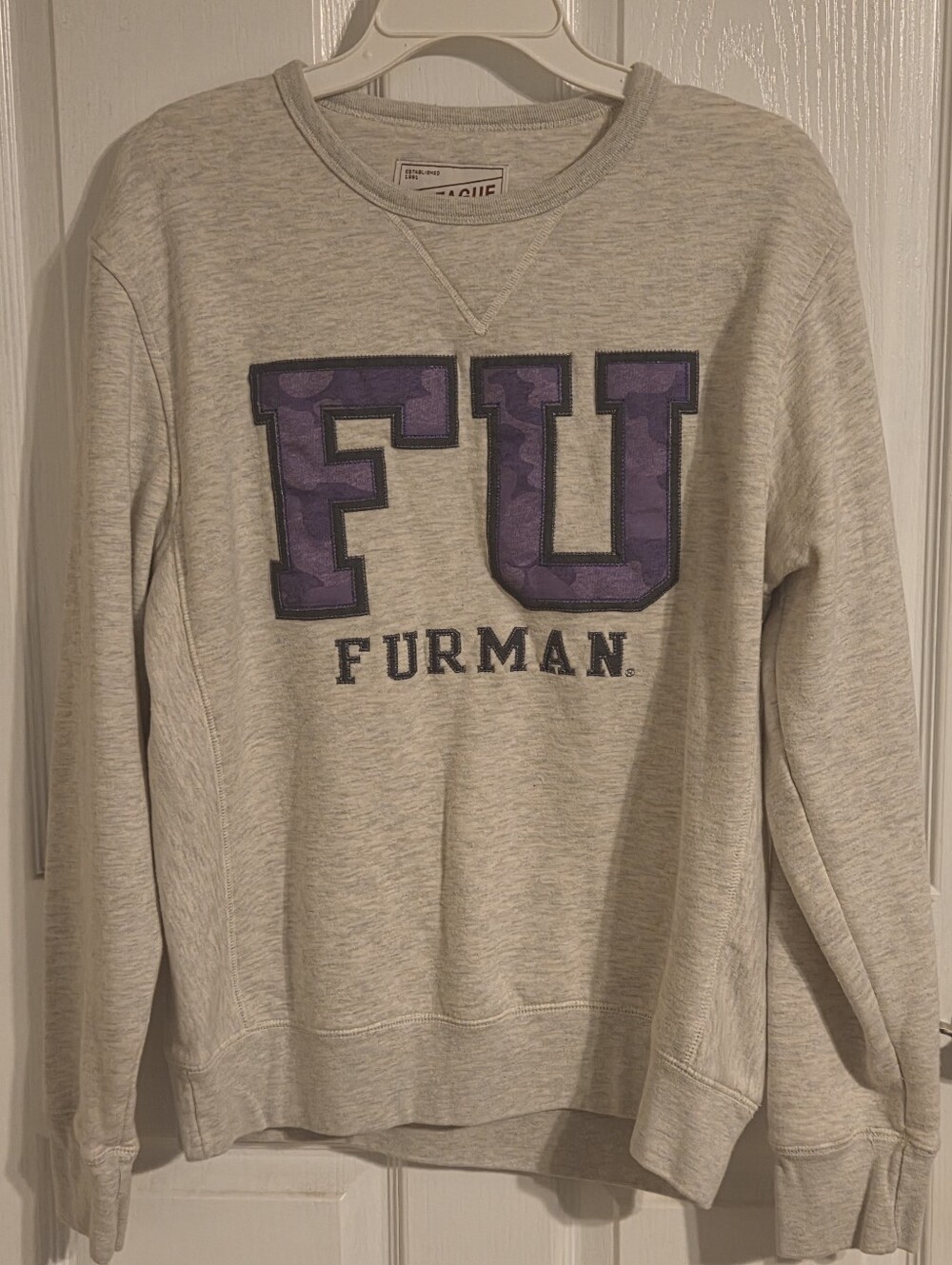 Furman University Sweatshirt Medium Gray League 91 Camo FU Paladins Crewneck